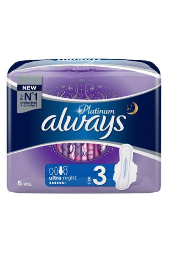 Always Platinum Ultra Night hygienické vložky s křidélky a jemnou vůní 6 ks